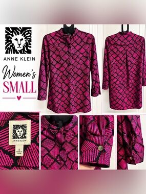 Anne Klein Banded Collar Geometric Popover Tunic Top - Pink & Black, Size Small